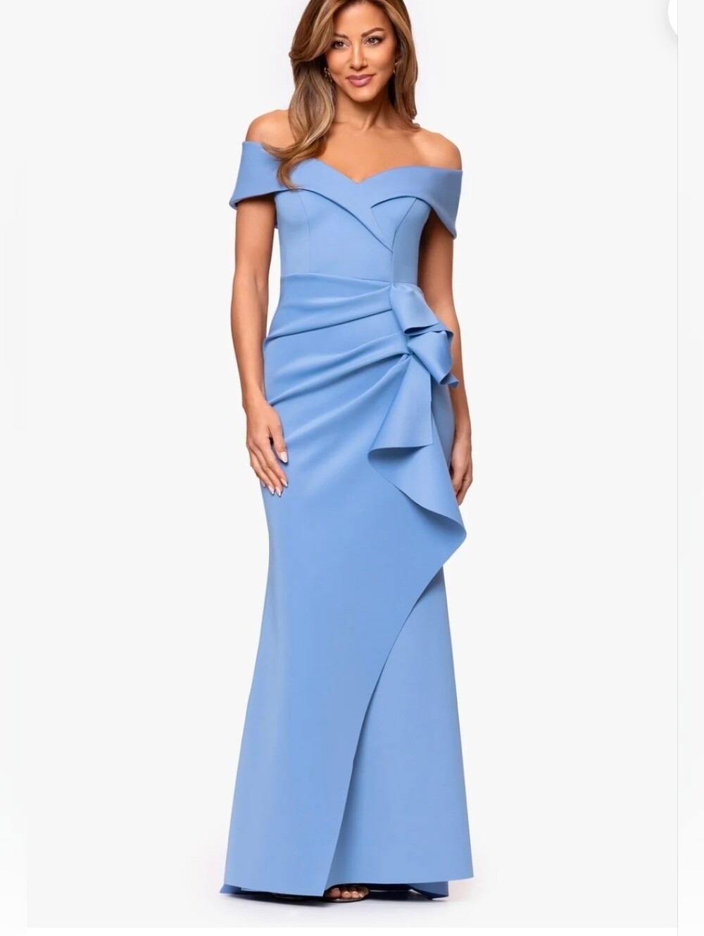 Xscape One-Shoulder Blue Evening Gown TECHNO SCUBA OFF THE SHOULDER DRESS Size 8